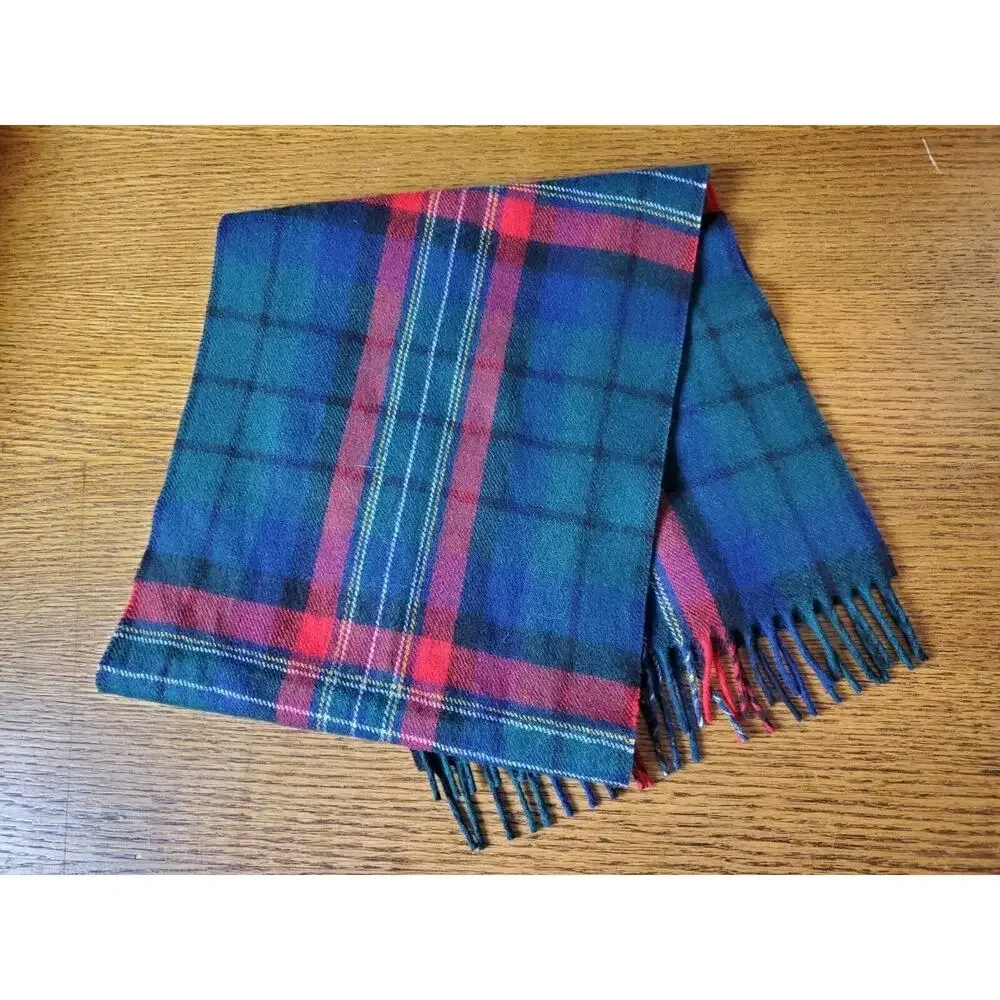 Vintage Eddie Bauer 100% Wool Scarf Fringe PLAID‎ Blue Red Outdoor Holidays Men